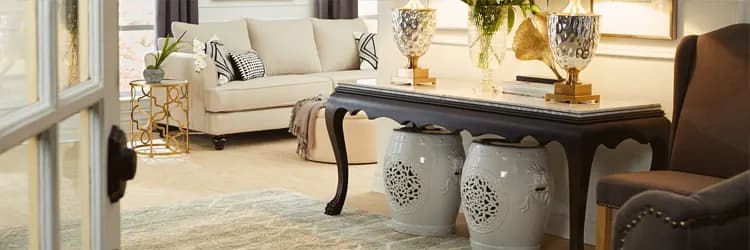 Living room styled with a patterned area rug