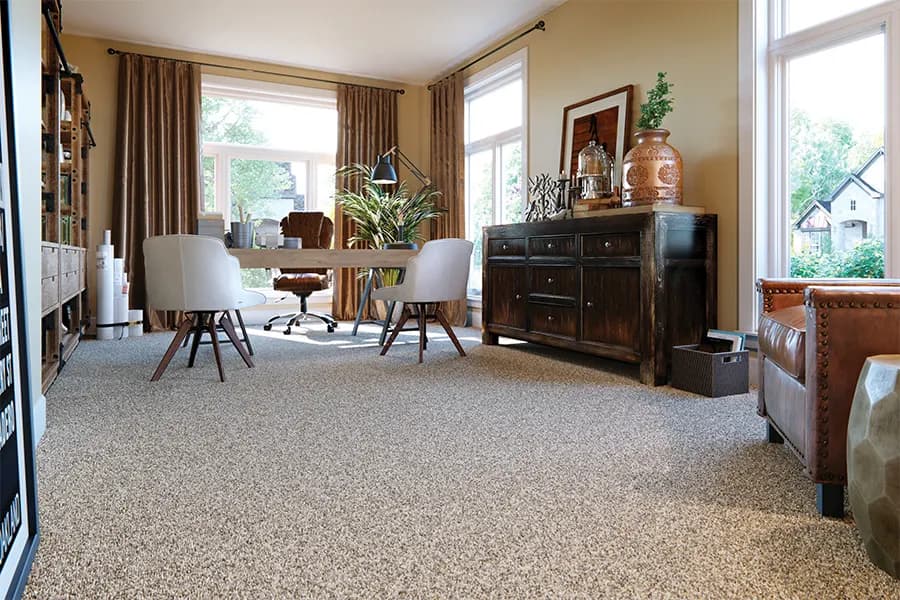 Home office with textured beige carpet